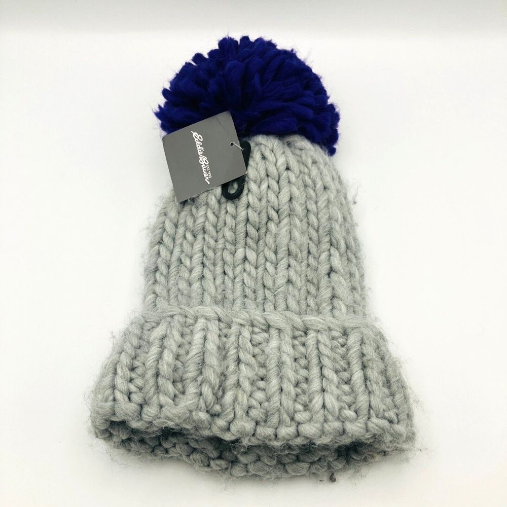Eddie Bauer Chunky Rib Beanie Winter Heavy Knit Pom Hat Gray/Purple New